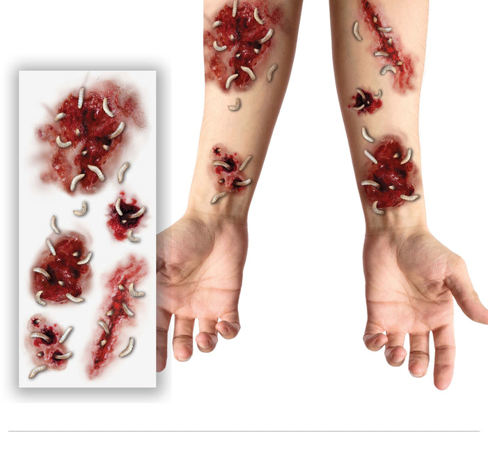 Halloween Fake Tattoos Wunden mit Würmern 30cm