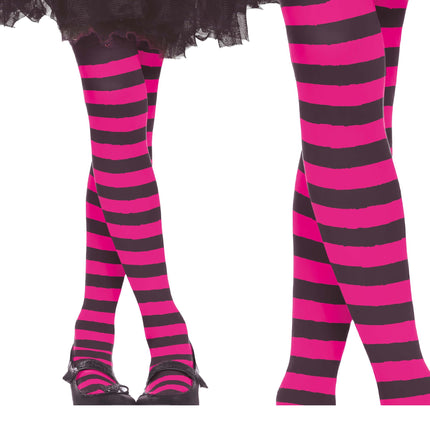 Halloween Strumpfhose Kind Schwarz Rosa Gestreift