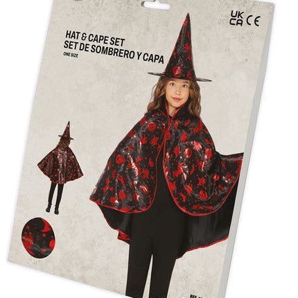 Halloween Kostüm Set Schwarz Rot Mädchen Hexe 2 Teile