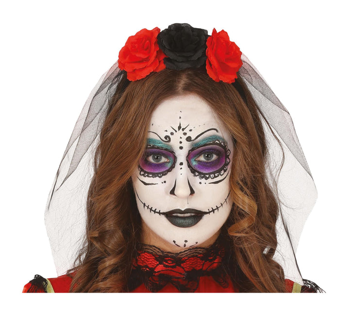 Halloween Tiara Schleier und Blumen Rot