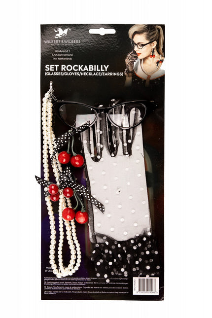 Set Rockabilly (Brille/Handschuhe/Kette/Ohrring)