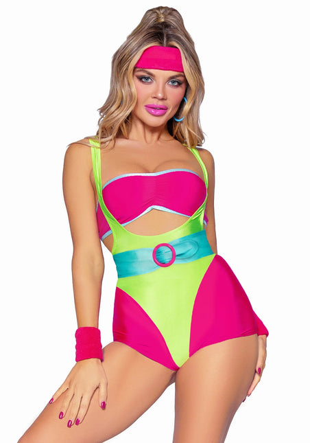 Neon 80S Kostüm Grün Rosa Damen Bodysuit Workout Leg Avenue