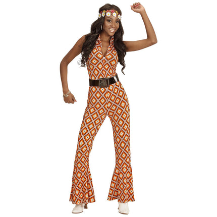 Disco 70S Jumpsuit Orange Ladies Checkered