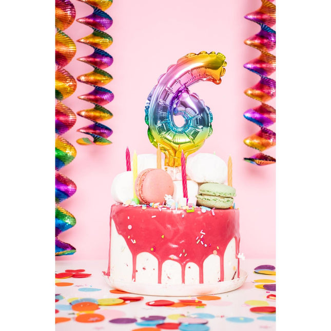 Folienballon Figur 6 Regenbogen 13cm mit Stick