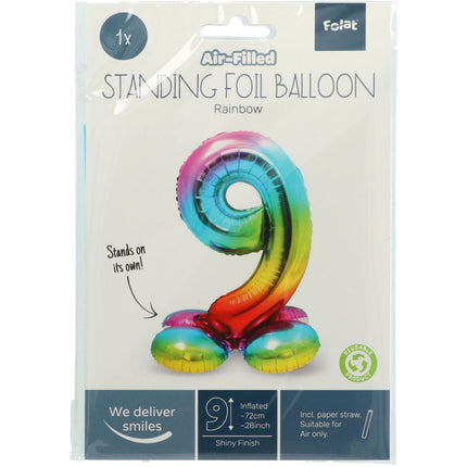 Folienballon Figur 9 Regenbogen mit Ständer 72cm