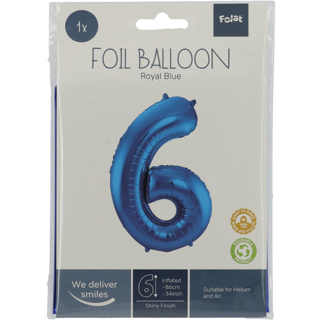 Folienballon Figur 6 Blau Metallic XL 86cm Leer