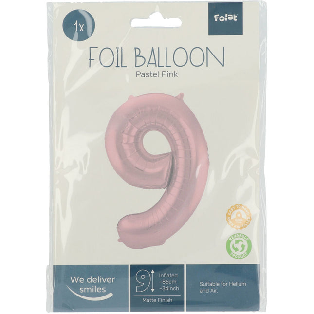 Folienballon Figur 9 Pastellrosa XL 86cm leer