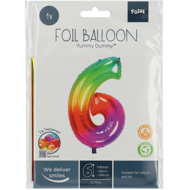 Folienballon Figur 6 Regenbogen XL 81cm leer