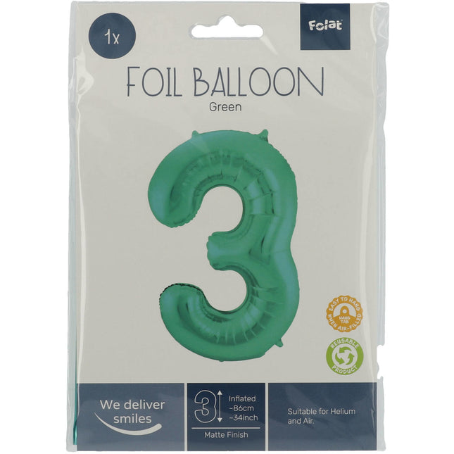 Folienballon Figur 3 Matt Grün XL 86cm leer