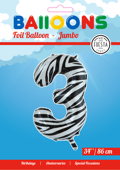 Folienballon Figur 3 Zebra XL 86cm leer