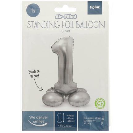 Folienballon Figur 1 Silber mit Ständer 72cm