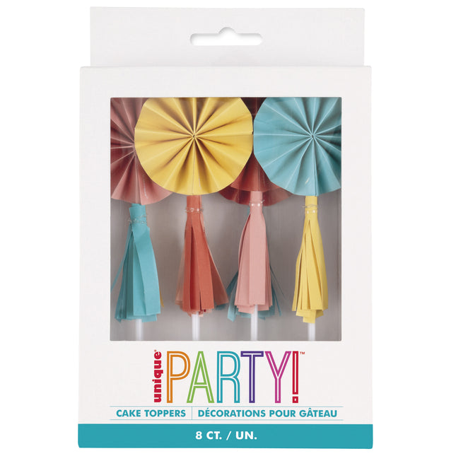 Bunte Cupcake Topper Mini Fächer mit Quasten 8 Stk.