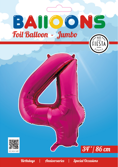 Folienballon Figur 4 Fuchsia XL 86cm leer