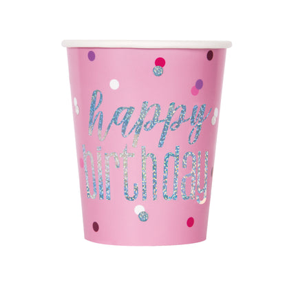 Happy Birthday Becher Rosa Glitzer 266ml 8 Stück