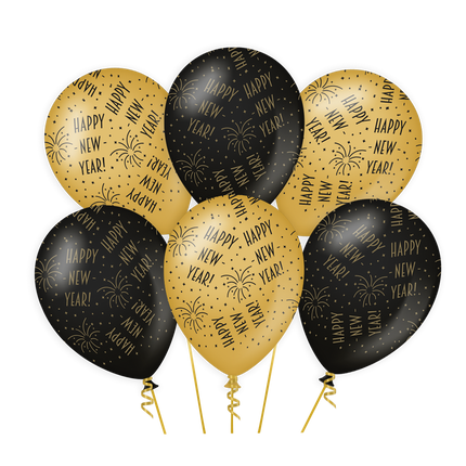 Luftballons Frohes Neues Jahr Gold Schwarz 30cm 6 Stk.