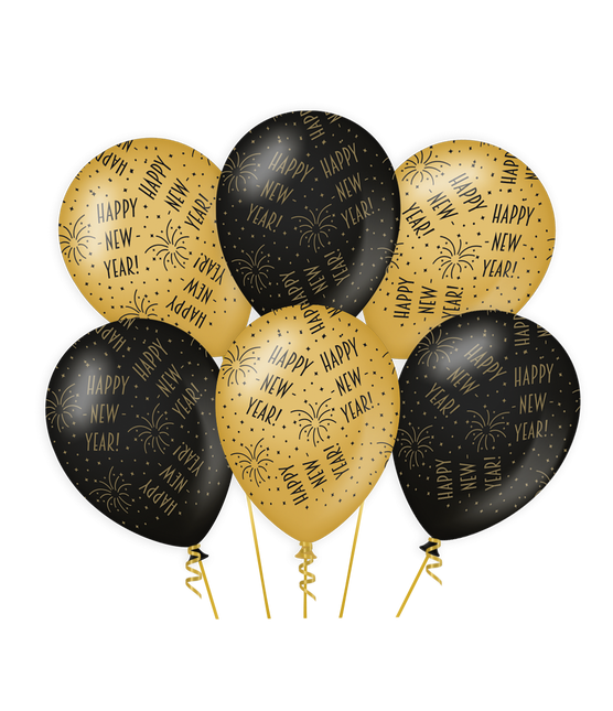 Luftballons Frohes Neues Jahr Gold Schwarz 30cm 6 Stk.