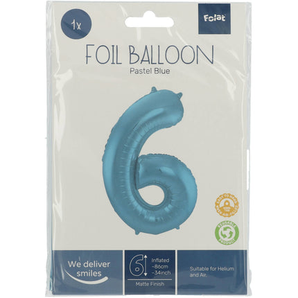 Folienballon Figur 6 Pastellblau XL 86cm leer