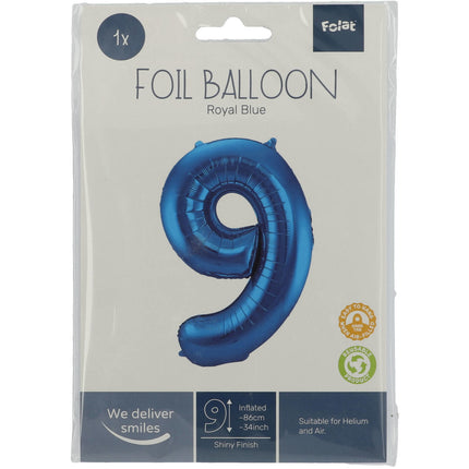 Folienballon Figur 9 Blau Metallic XL 86cm Leer