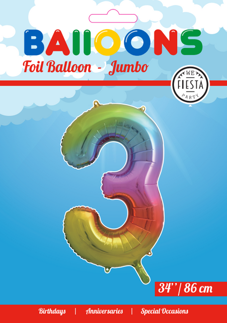 Folienballon Figur 3 Regenbogen XL 86cm leer