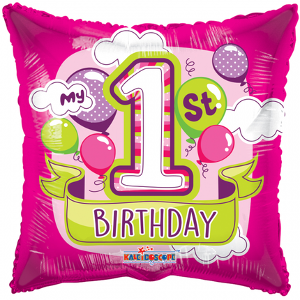 Heliumballon Square 1St Birthday Girl 45cm leer