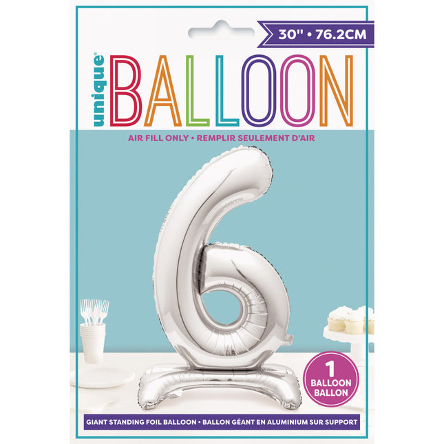 Folienballon Figur 6 Silber Standard 76cm