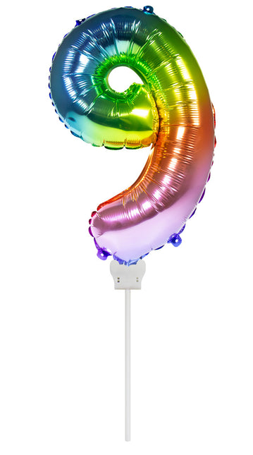 Folienballon Figur 9 Regenbogen 36cm mit Stick