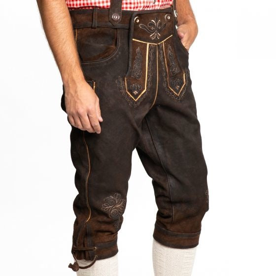 Lederhosen Leder lang dunkelbraun genäht und Hosenträger