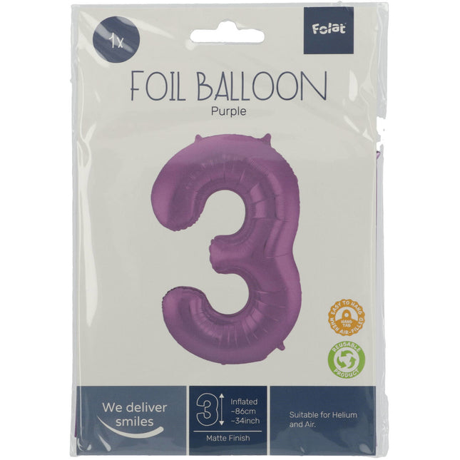 Folienballon Figur 3 Matt Lila XL 86cm leer