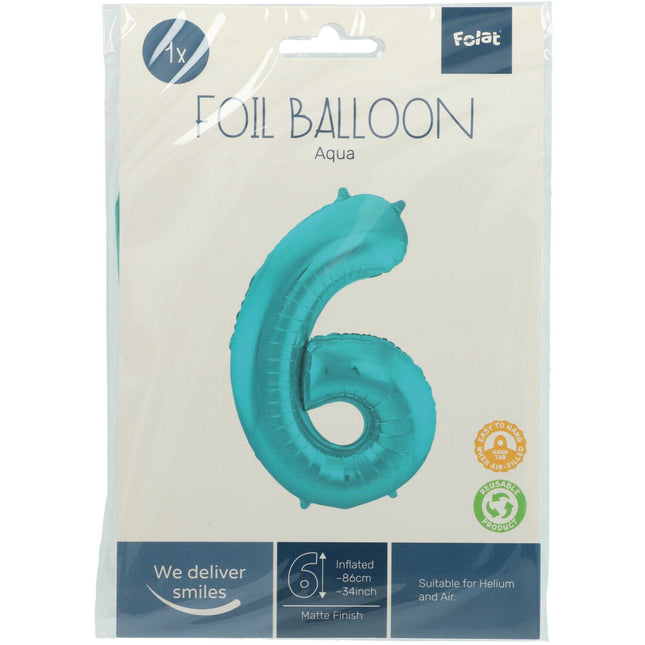 Folienballon Figur 6 Pastell Mintgrün XL 86cm Leer