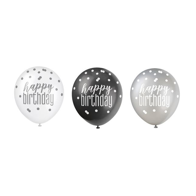 Geburtstagsballons Happy Birthday Dots Schwarz 30cm 6 Stk.