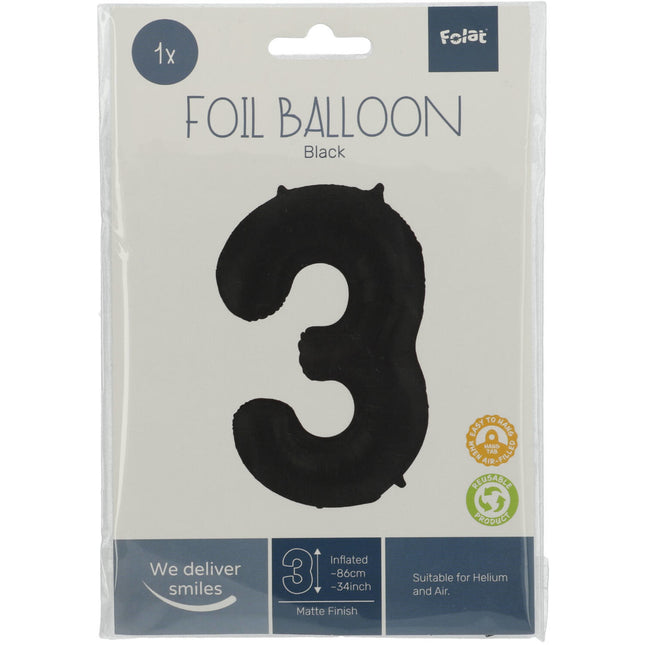 Folienballon Figur 3 Matt Schwarz XL 86cm leer