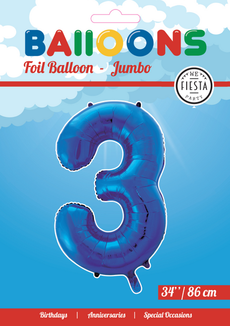 Folienballon Figur 3 Blau XL 86cm leer