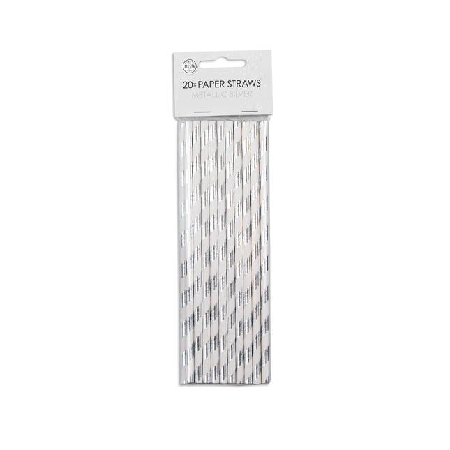 Papierstrohhalme Silber gestreift 19,7cm 20Stk