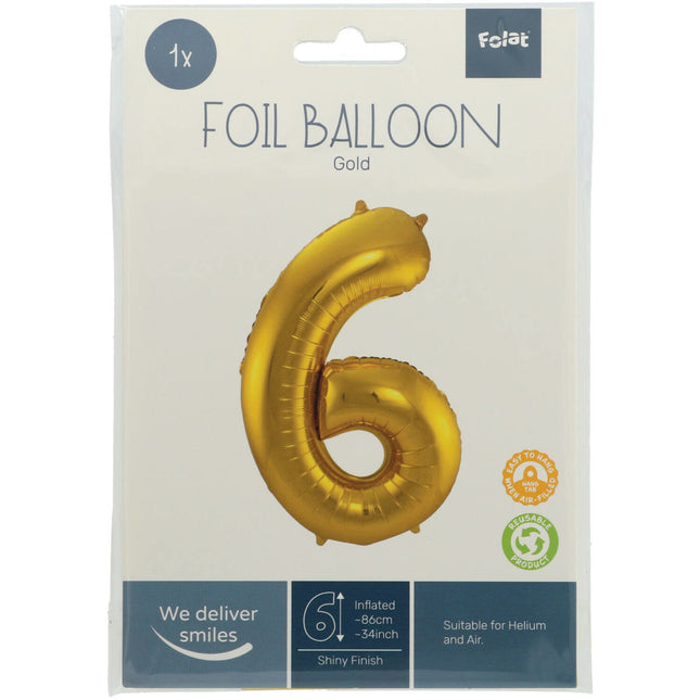 Folienballon Figur 6 Gold Metallic XL 86cm leer