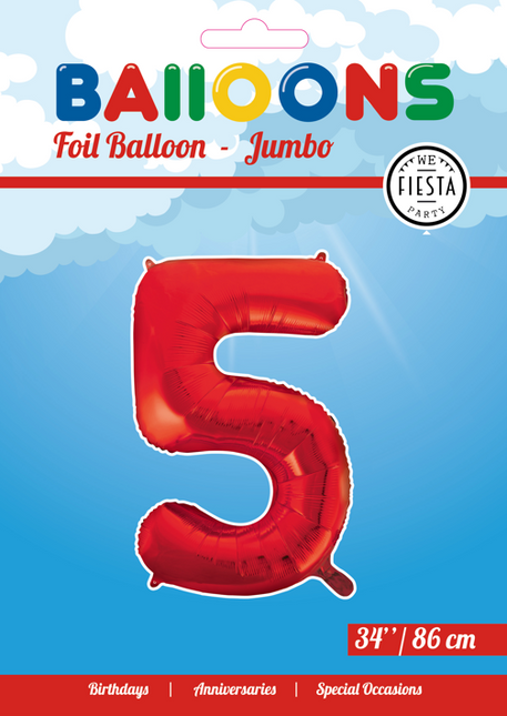 Folienballon Figur 5 Rot XL 86cm leer