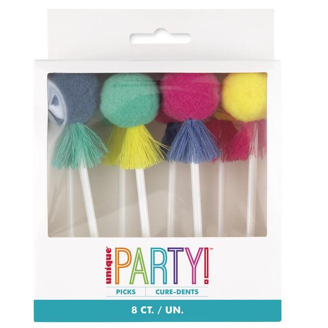 Bunte Cupcake Topper Pom Pom & Quasten 8 Stk.