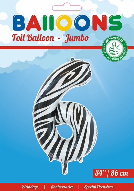 Folienballon Figur 6 Zebra XL 86cm leer