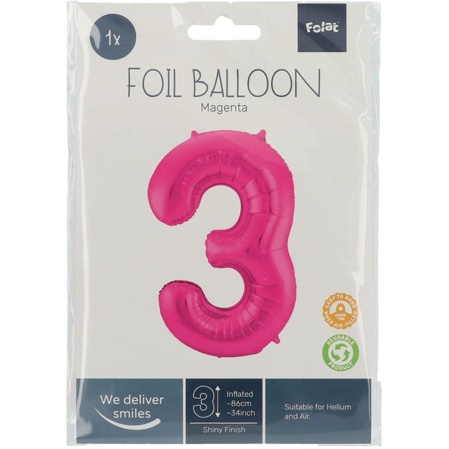 Folienballon Figur 3 Fuchsia Metallic XL 86cm leer