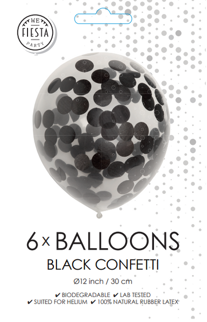 Konfetti Ballons Schwarz 30cm 6Stk