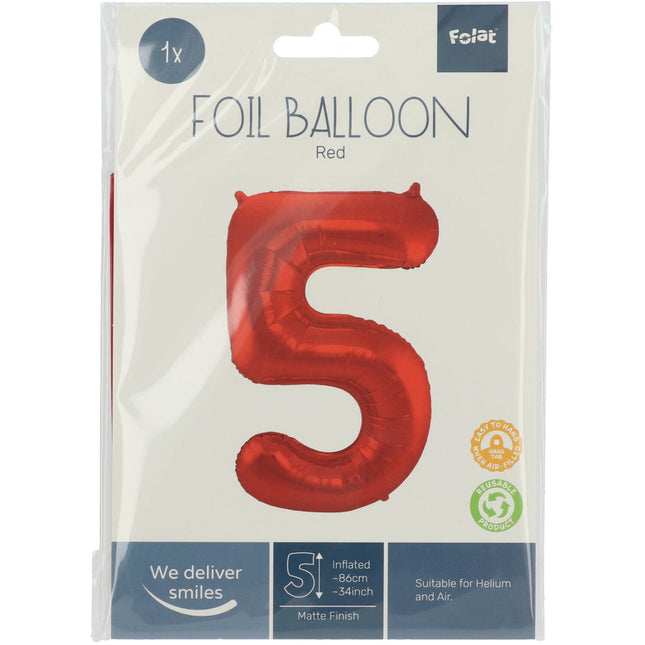 Folienballon Figur 5 Matt Rot XL 86cm leer