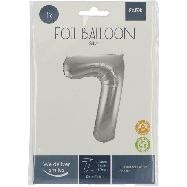 Folienballon Figur 7 Silber Metallic XL 86cm leer