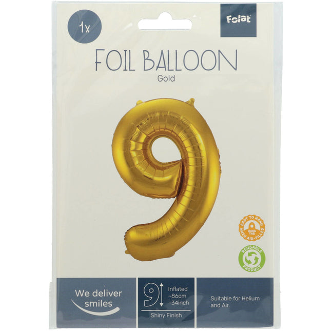 Folienballon Figur 9 Gold Metallic XL 86cm leer