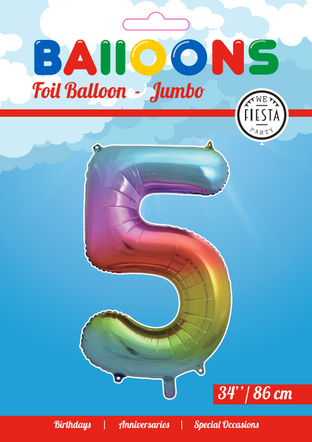 Folienballon Figur 5 Regenbogen XL 86cm leer