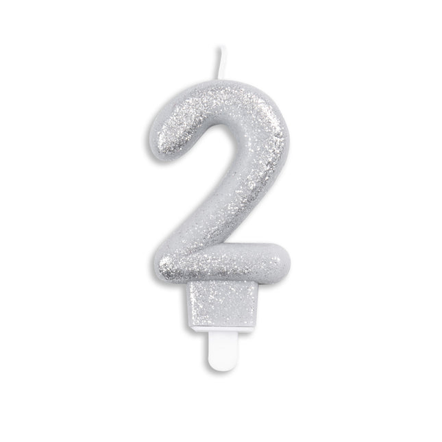 Kerze 2 Jahre Silber Glitter 7cm