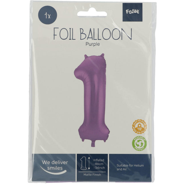 Folienballon Figur 1 Matt Lila XL 86cm leer