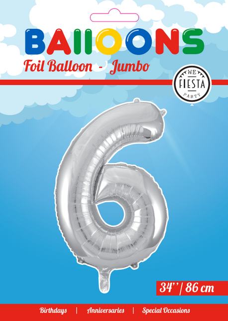 Folienballon Figur 6 Silber XL 86cm leer