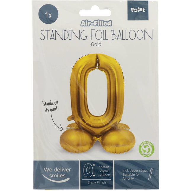 Folienballon Figur 0 Gold mit Ständer 72cm