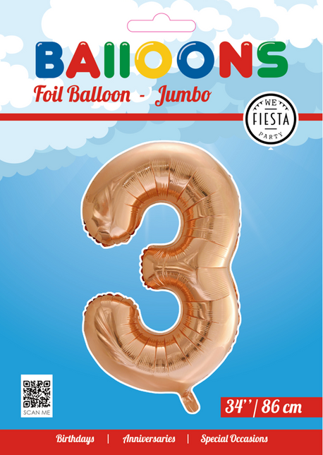 Folienballon Figur 3 Rose Gold XL 86cm leer