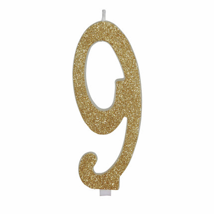 Goldene Kerze 9 Jahre Glitzer 12,5cm