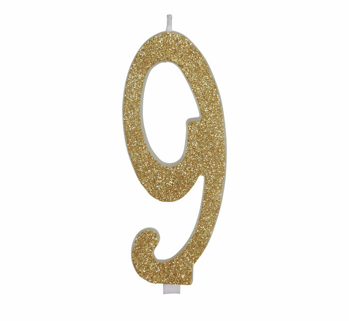 Goldene Kerze 9 Jahre Glitzer 12,5cm